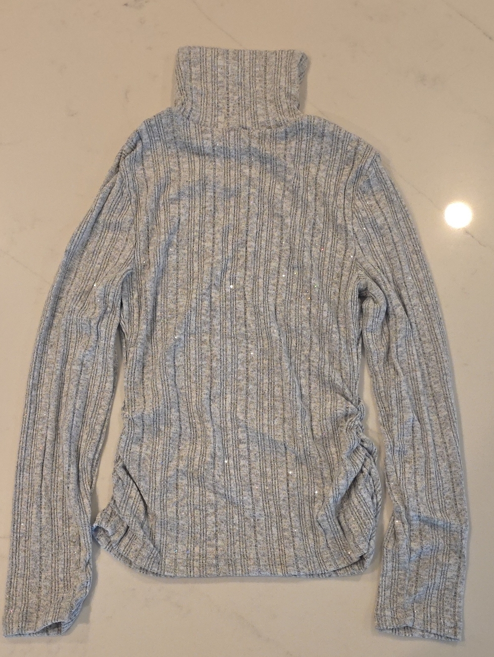 NWOT Women's Light Gray Ribbed Ruched Sparkling Turtleneck Sweater